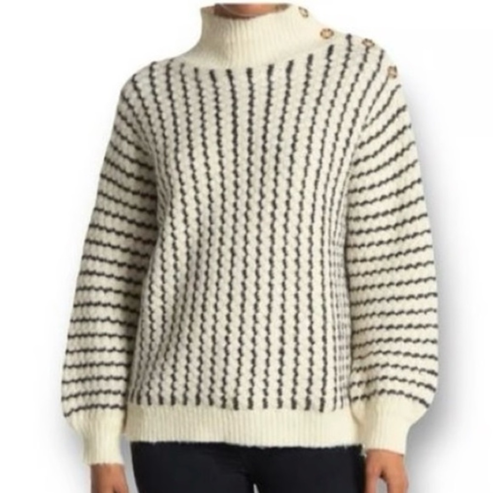 Frnch Striped Button Mock Neck Sweater S/M Oversized